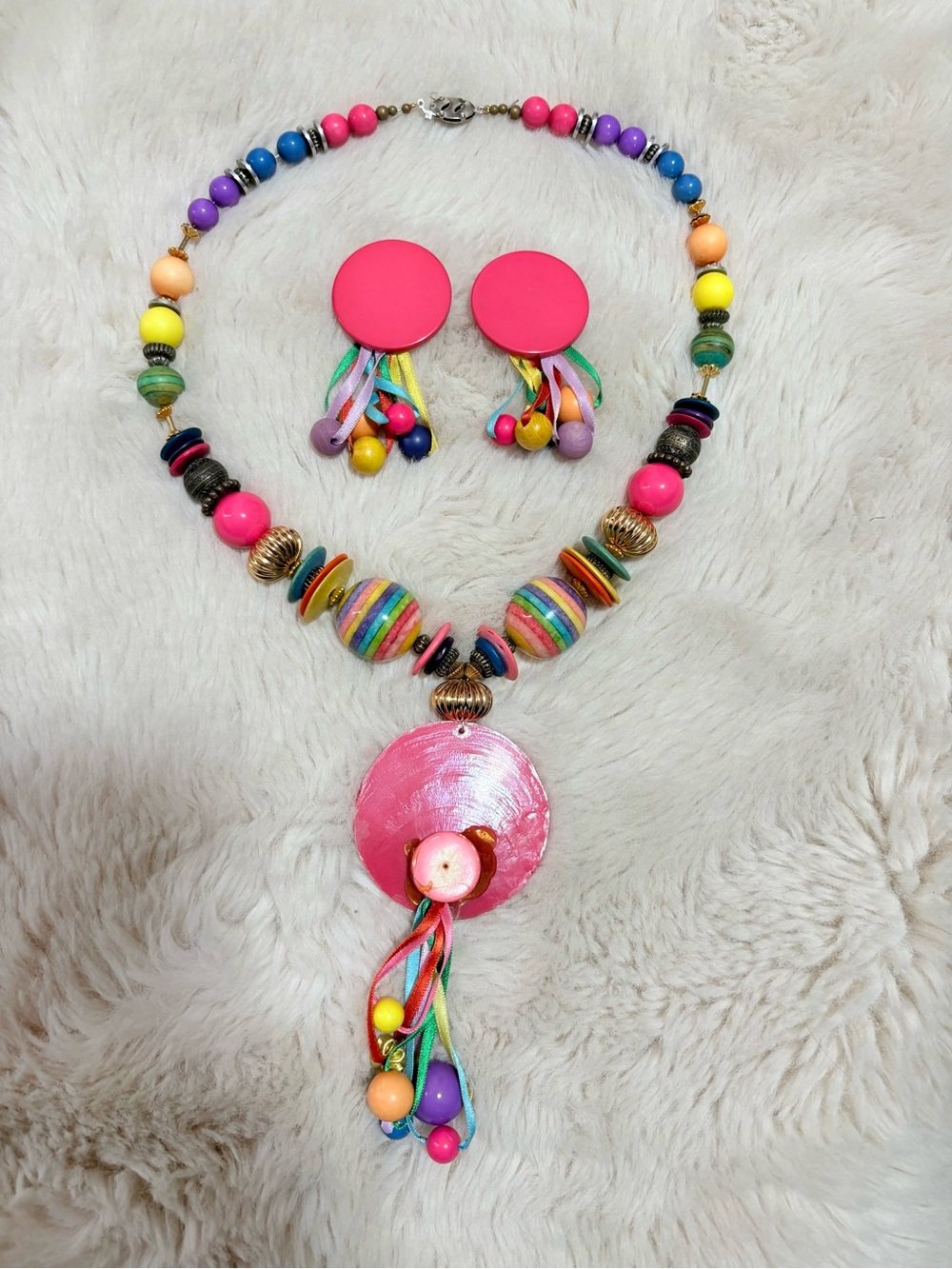 Boho Multicolor Wood Bead Statement Necklace & Earring Set Festive Summer